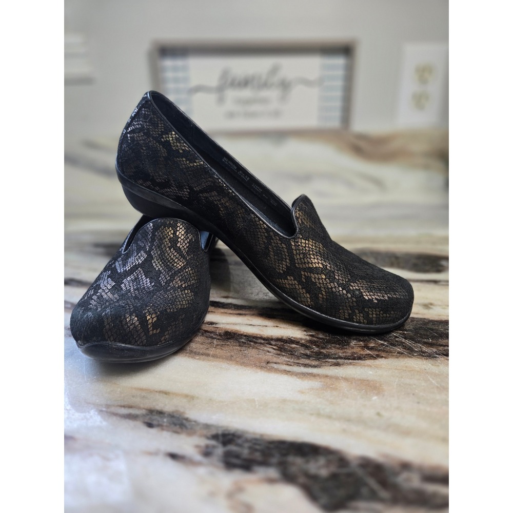 Dansko Womens 38 Bronze Black Snakeskin Leather Slip On Loafers Low Wedge